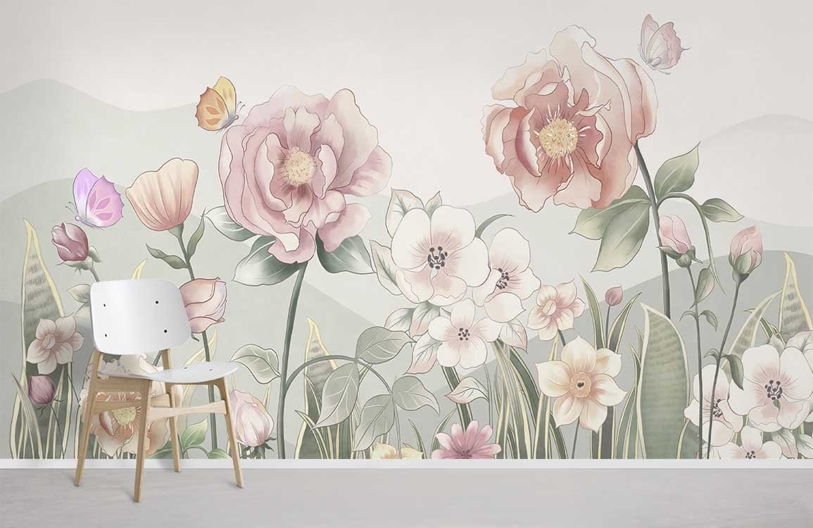 Pastel Blossom Meadow Mural Wallpaper with Butterflies, floral design, white chair, soft grey flooring.