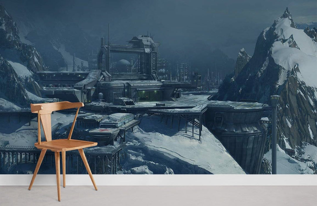Futuristic Arctic mural wallpaper with cool grey tones, wooden chair, grey flooring, sci-fi design.
