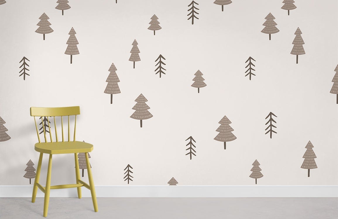 Minimalist Scandinavian beige pine tree patterned wallpaper, modern interiors, green chair, neutral flooring.