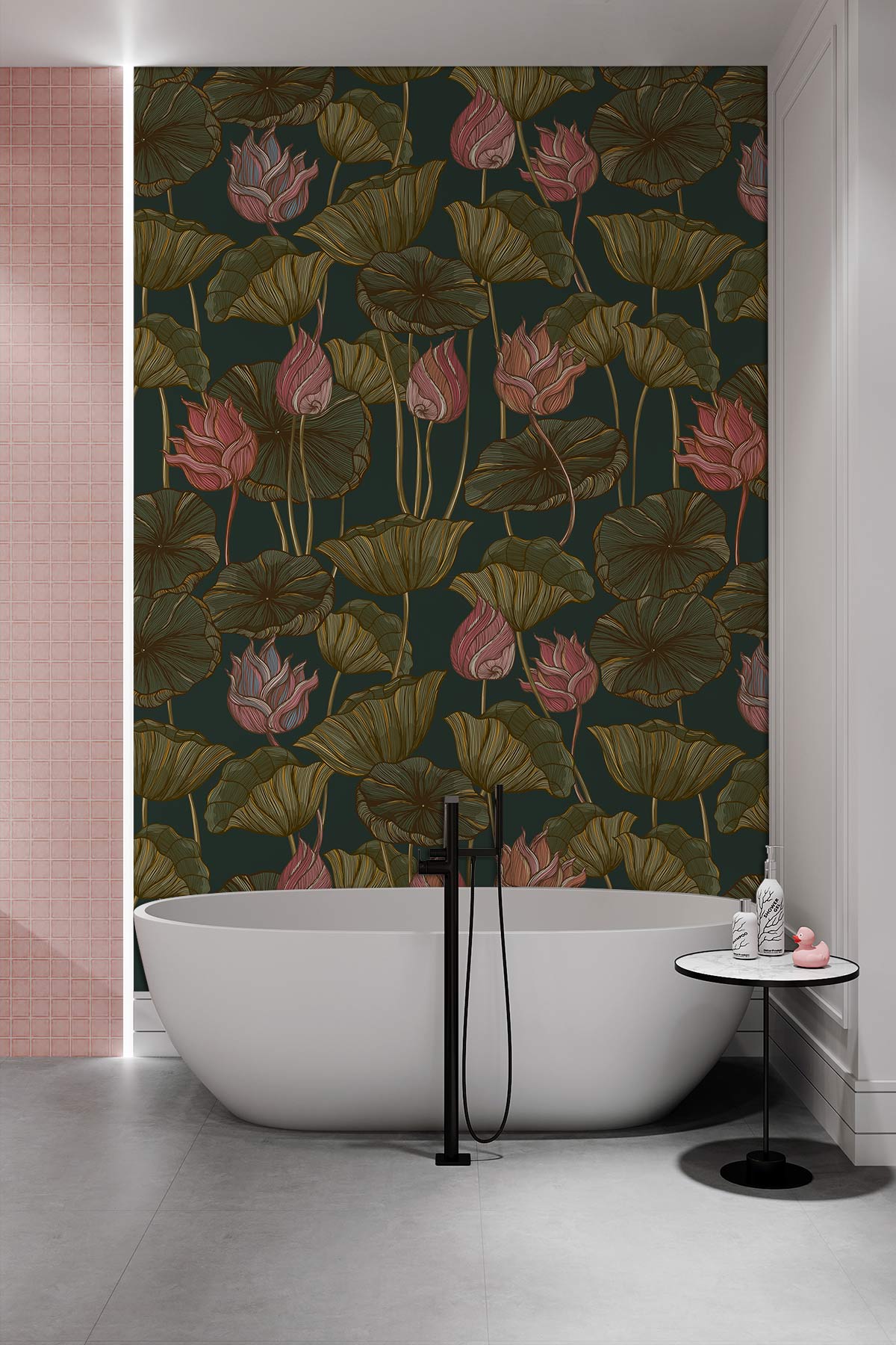 Vintage botanical lotus floral wallpaper mural in bathroom, featuring freestanding tub, dark green tones.