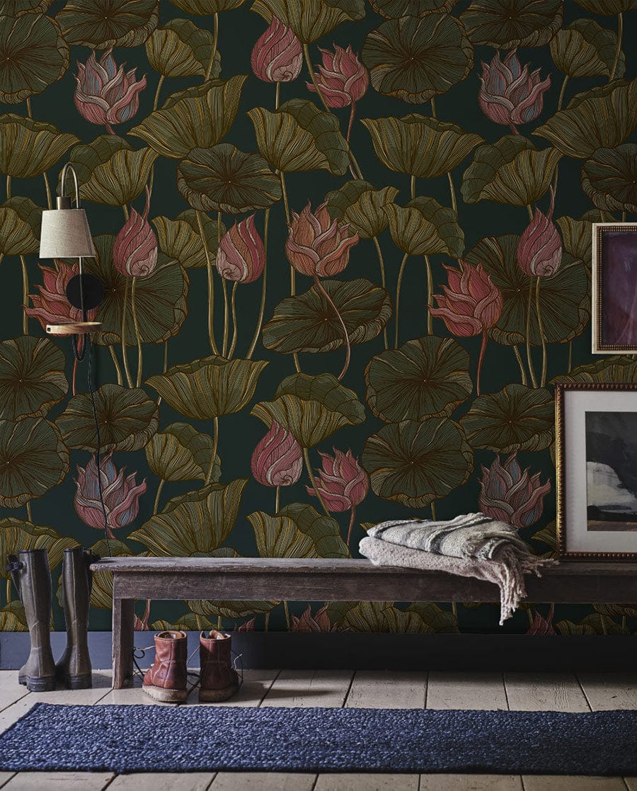 Vintage Botanical Lotus Floral Wallpaper Mural in dark green, bench seating, and rustic wooden flooring.