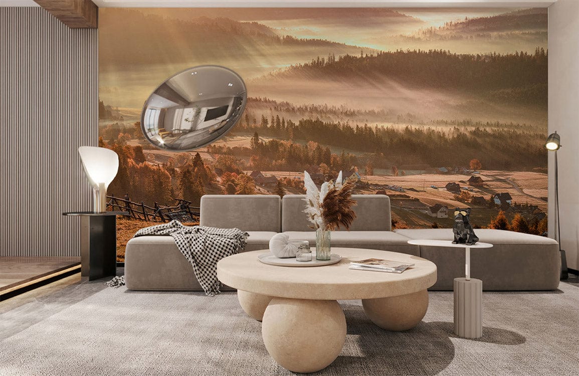 Serene Sunrise Misty Valley Mural Wallpaper in living room with grey sofa, round coffee table, neutral carpet.