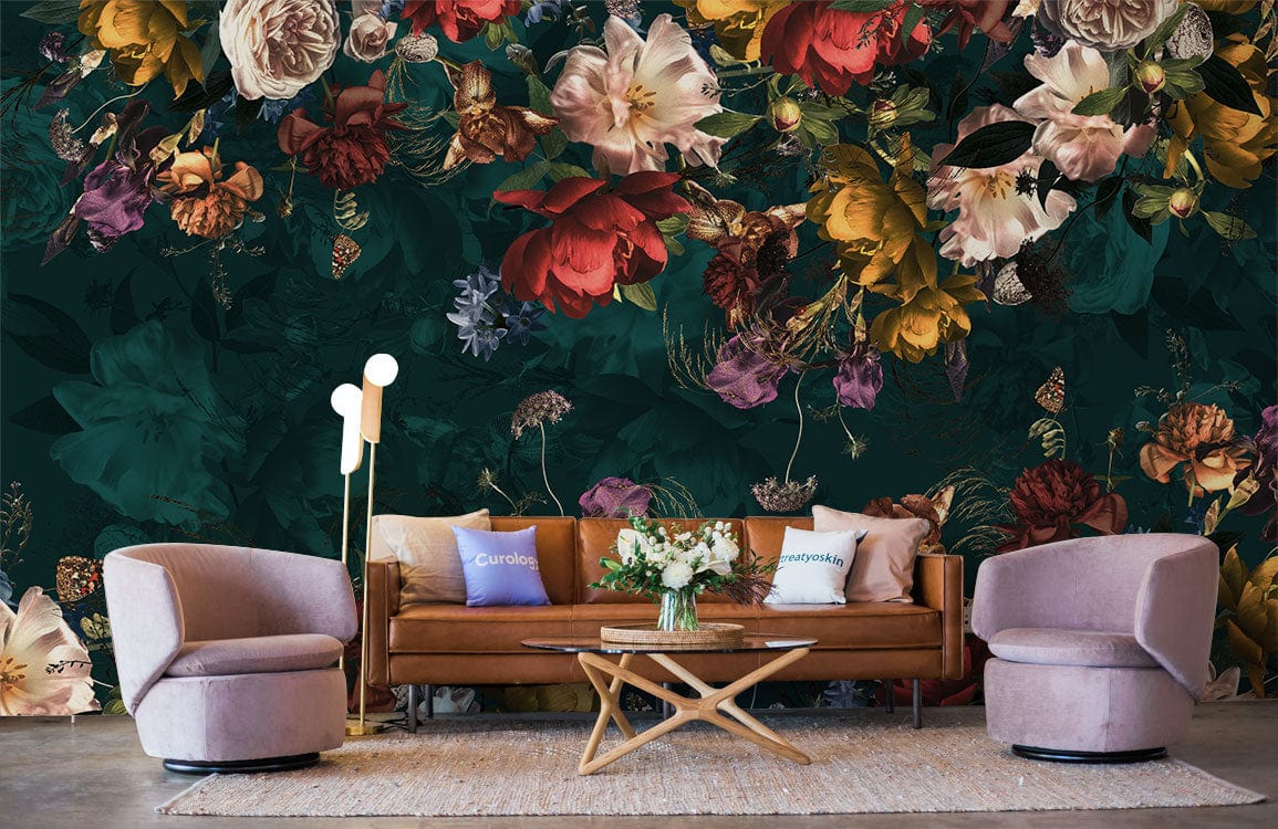 Luxurious dark floral mural wallpaper, brown sofa, pink chairs, modern lamp, carpet, cosy living room.