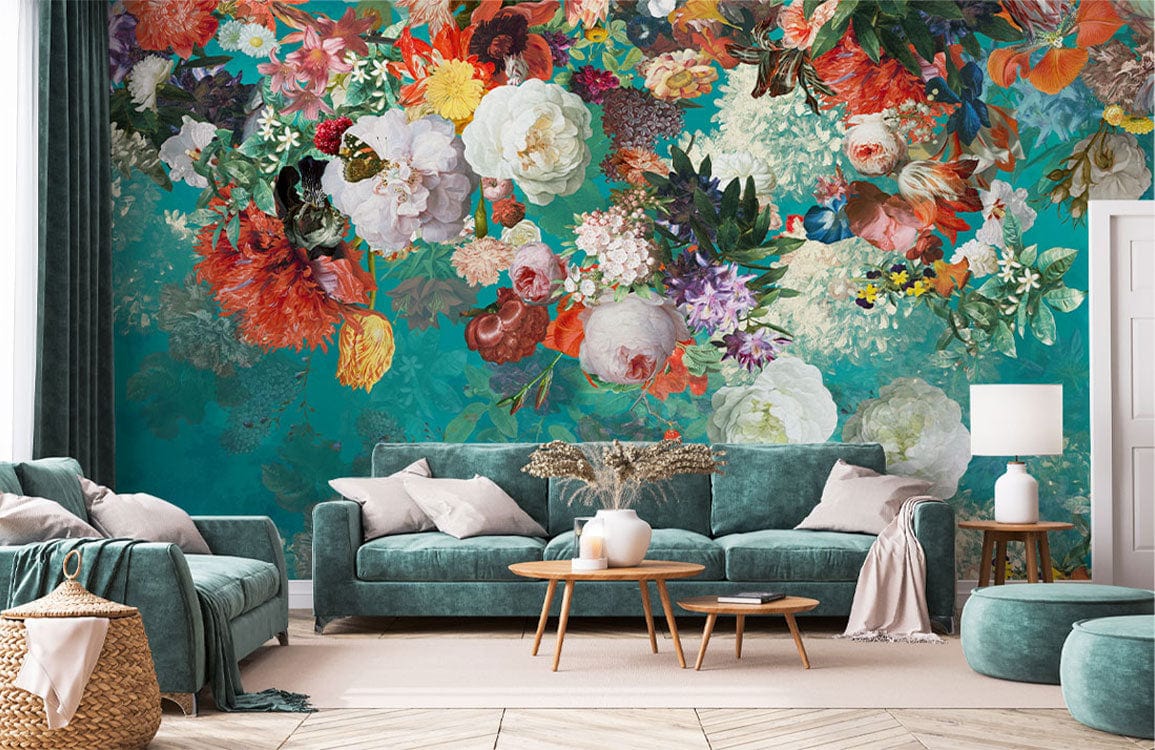 Vibrant Floral Symphony mural wallpaper in teal, complemented by teal sofas, light flooring, elegant decor.