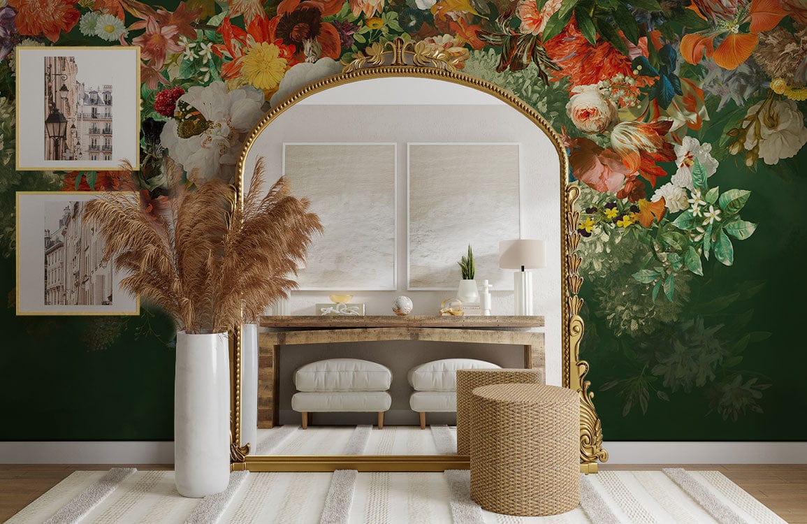 Luxurious floral mural wallpaper in elegant room, featuring mirror, comfy seating, and stylish decor.