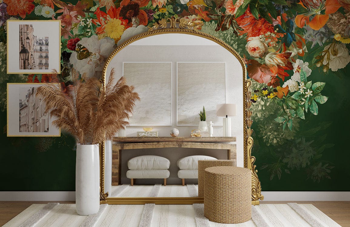 Wallpaper mural with colourful flowers floating in water, perfect for use in the powder room.