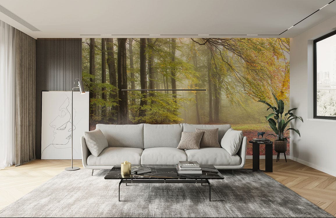 Misty Forest Mural Wallpaper in serene lounge; soft green, red hues, grey sofa, wooden flooring.