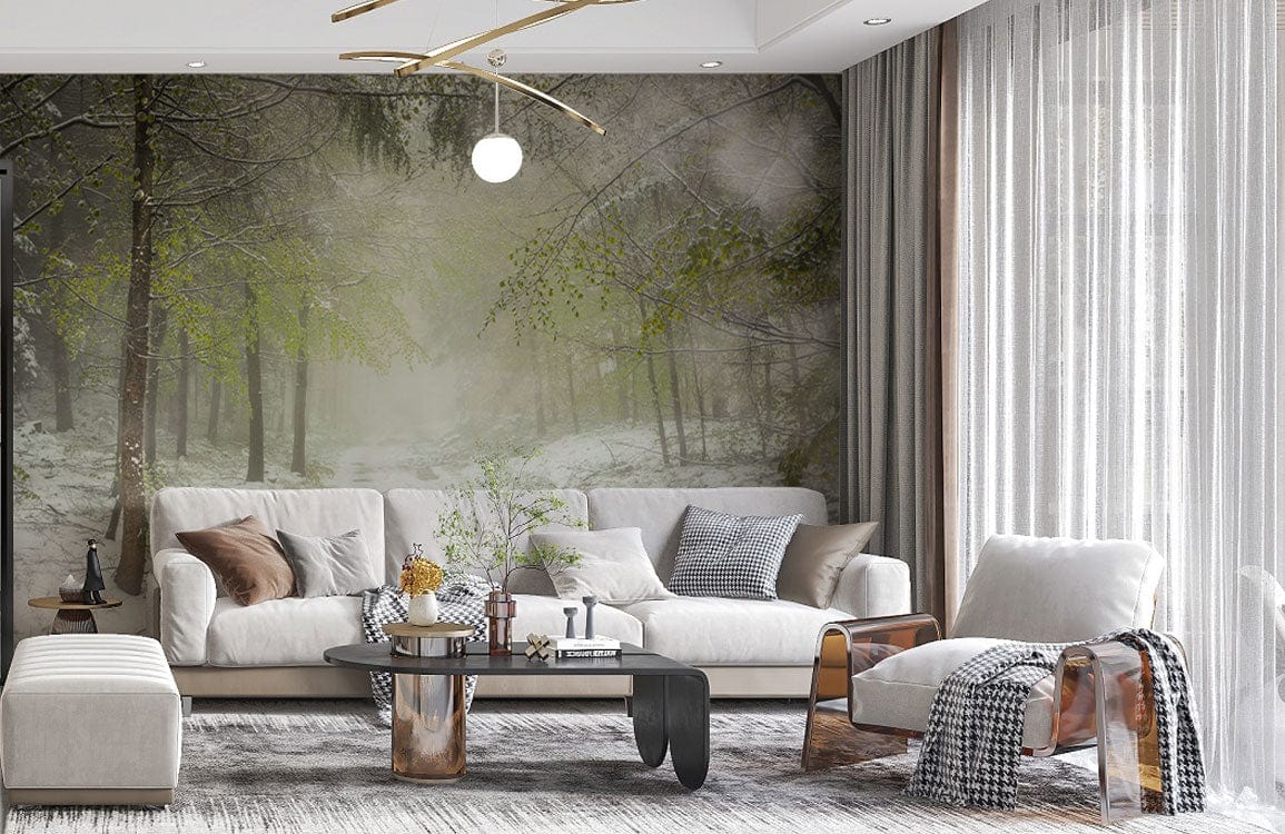 Wallpaper mural with a frozen forest scene, ideal for use as living room decor.