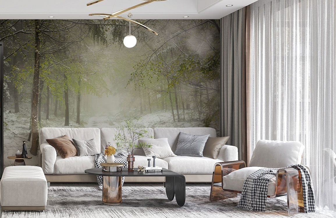 Enchanted Winter Forest Mural in misty green tones, with contemporary sofas and sleek modern decor.