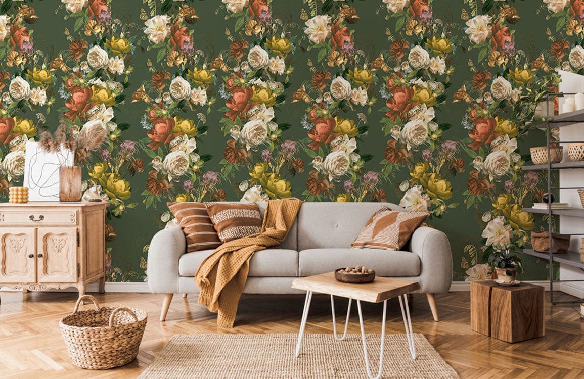 Vintage floral wallpaper with green background, beige sofa, wooden flooring, and elegant interior furnishings.