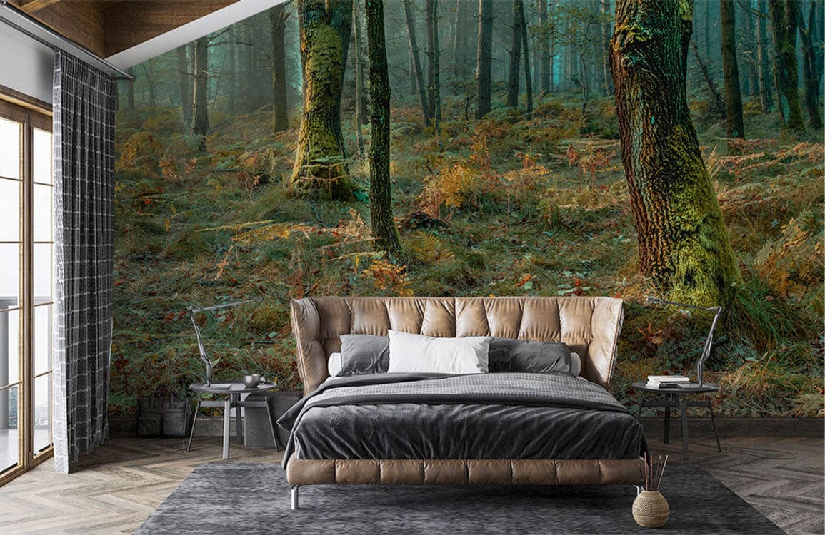 Elegant bedroom featuring Misty Woodland Retreat forest mural, brown tufted bed, grey rug, wooden flooring.