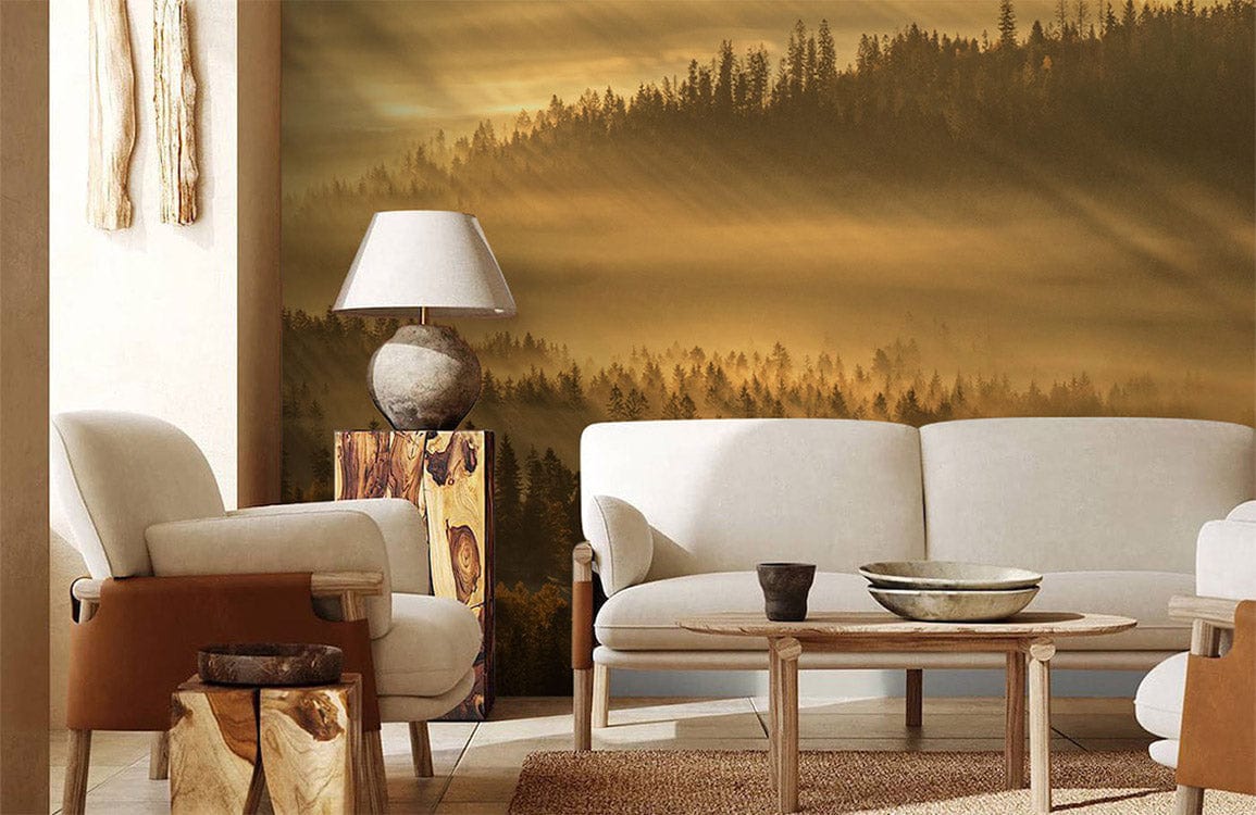 Golden Misty Landscape Mural Wallpaper with beige sofa, rustic wooden table, and neutral wall decor.