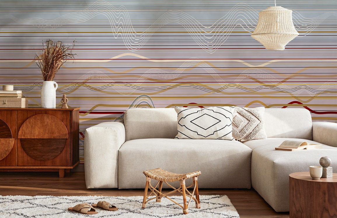 Abstract multicolour stripes wallpaper art behind beige sofa, wooden furniture, white rug, modern decor.