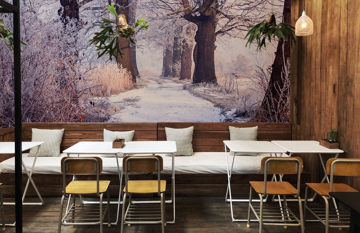 Winter Woodland Frosted Path mural in café-style setting with wooden walls and metallic chairs.