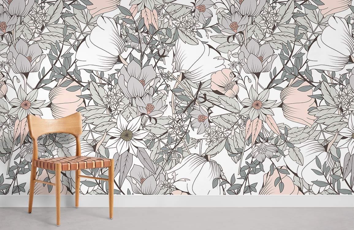 Elegant pastel botanical floral wallpaper with neutral tones, wooden chair, white skirting, grey flooring.