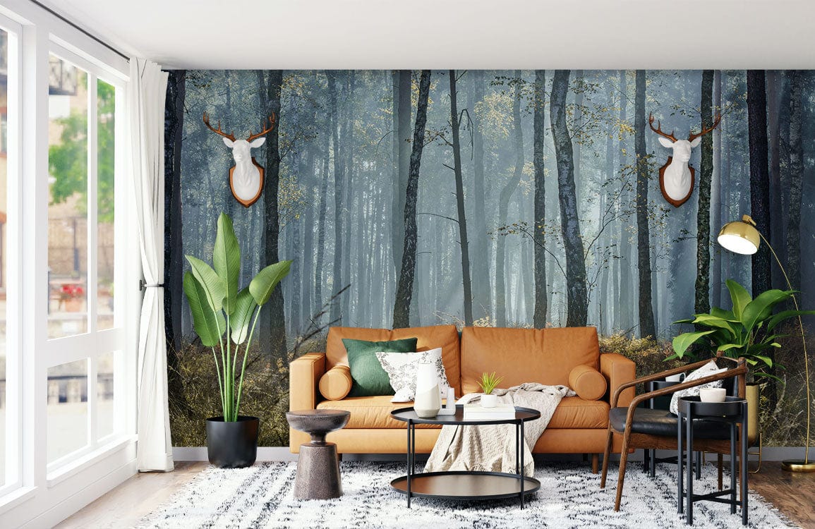 Serene misty forest mural wallpaper in living room with tan sofa and modern decor elements.