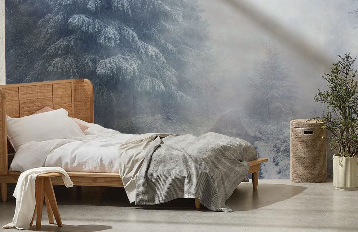 Wallpaper mural with a thick, foggy winter scene for decorating bedrooms