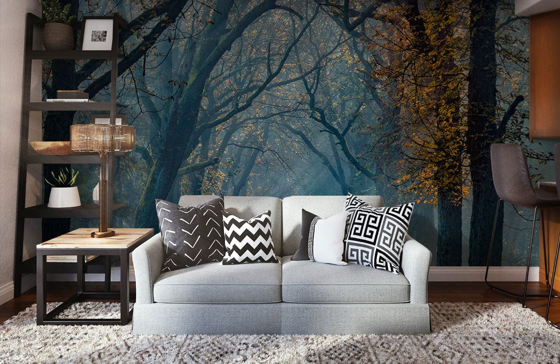 Wallpaper mural with a tranquil forest path, perfect for decorating the living room.