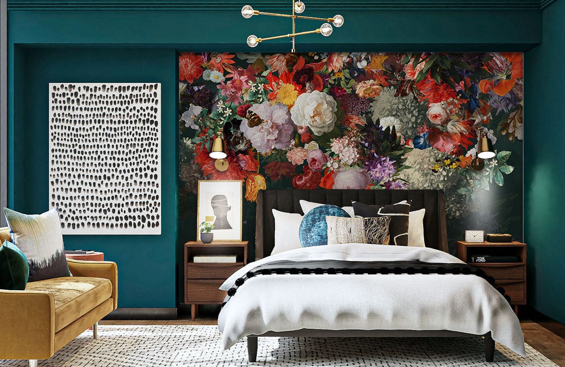 Wallpaper mural with colourful flowers floating in water, ideal for use as bedroom decor