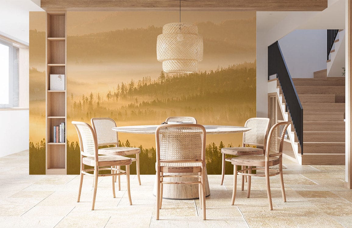 Golden Misty Forest Landscape Mural; serene dining room with wooden chairs, light flooring, woven lampshade.
