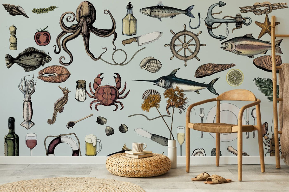 Nautical-themed wallpaper with seafood illustrations, wooden chair, woven rug in a coastal living room.