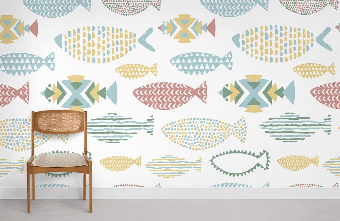 Colourful geometric fish pattern wallpaper with chair, ideal for modern coastal interiors.