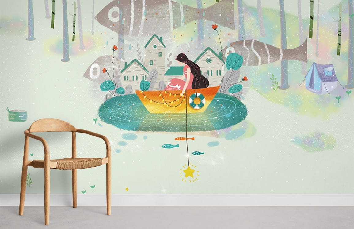 Enchanted Woodland Mural Wallpaper in pastel with wooden chair, white skirting in living room setting.