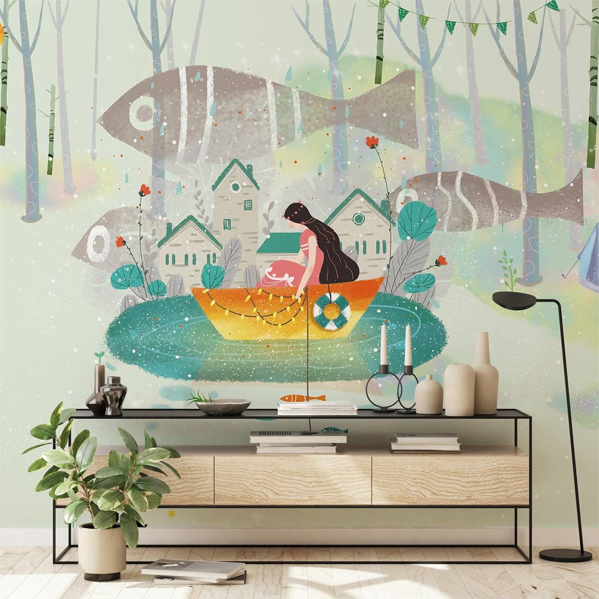 Enchanted Woodland Adventure Mural Wallpaper in pastel hues, wooden console, green plant, whimsical decor.
