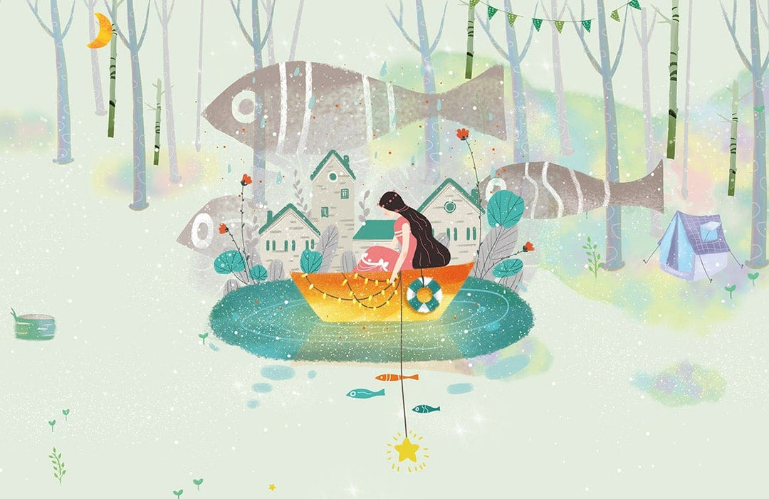 Enchanted Woodland Adventure Mural Wallpaper - Whimsical Pastel Nature Scene Design