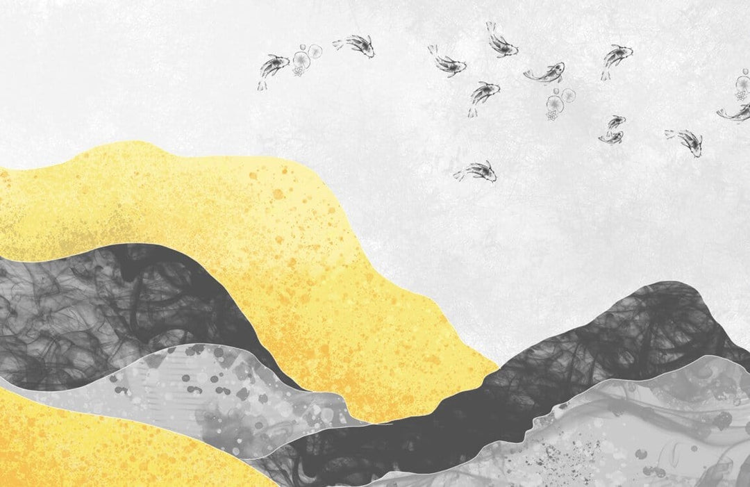 Abstract Mountain Landscape Mural Wallpaper in Yellow and Grey Tones