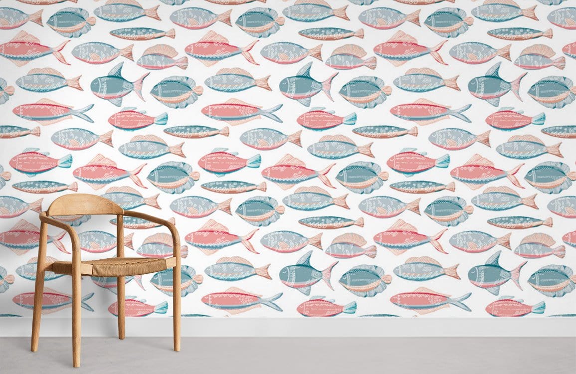 Coastal Coloured Fish Pattern Wallpaper, nautical theme, wooden chair, white wall, minimalist decor.