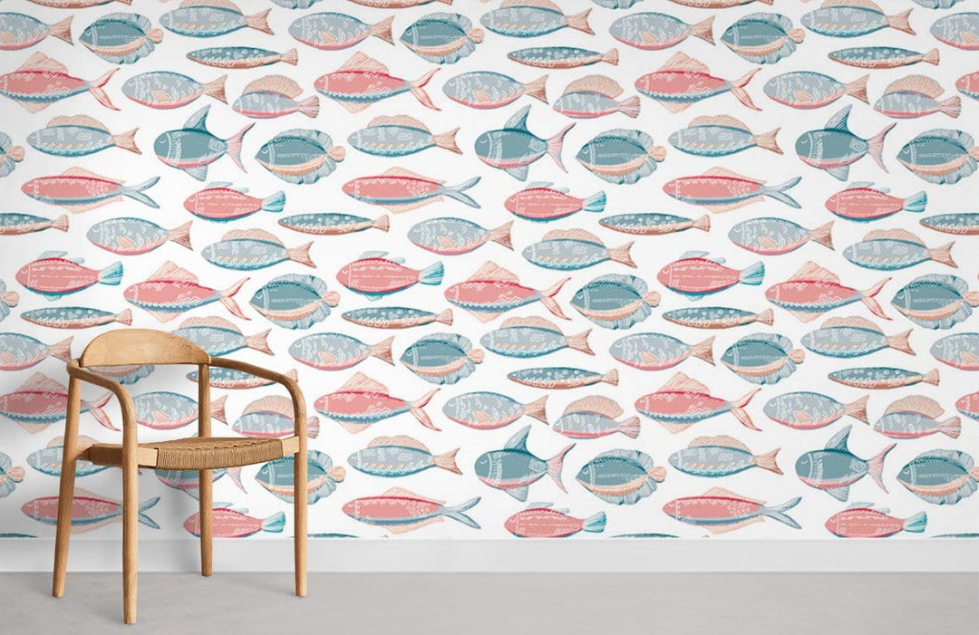 Coastal Coloured Fish Pattern Wallpaper, nautical theme, wooden chair, white wall, minimalist decor.