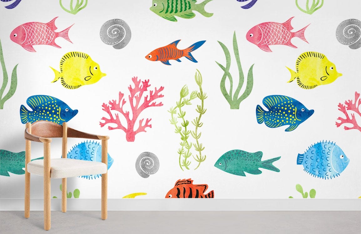 Vibrant tropical fish wallpaper with chair, ocean theme decor; modern living room style.