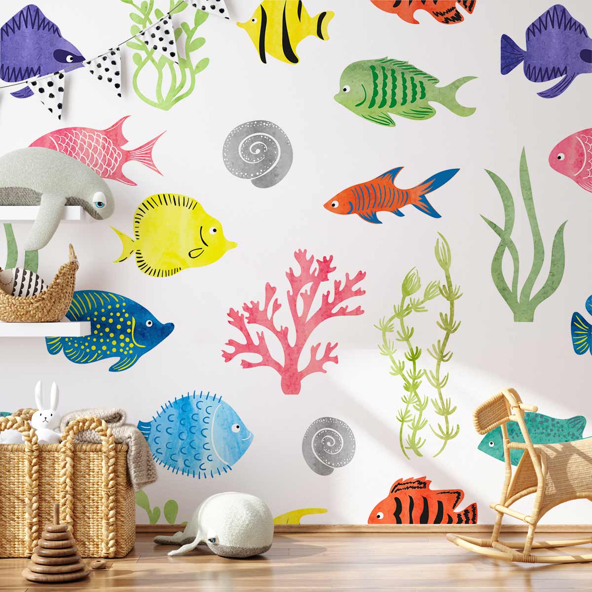 Vibrant Tropical Fish Patterned Wallpaper in children's room with wicker decor and wooden rocking horse.