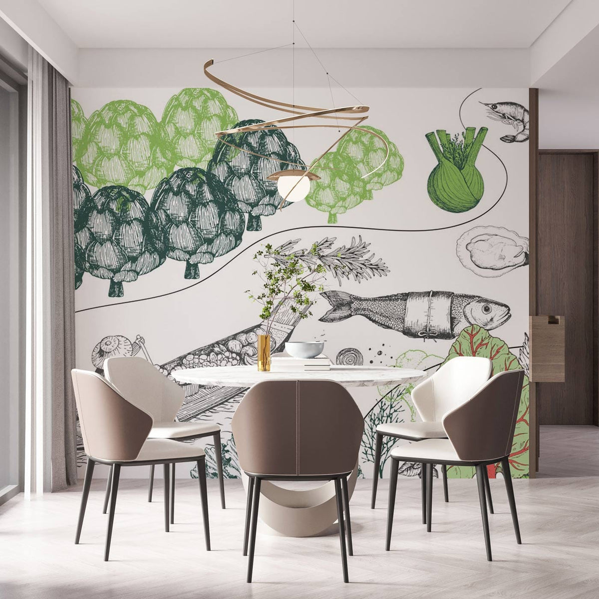 Dining room with Green Botanical River Journey Mural Wallpaper, modern chairs, light wood flooring, neutral decor.