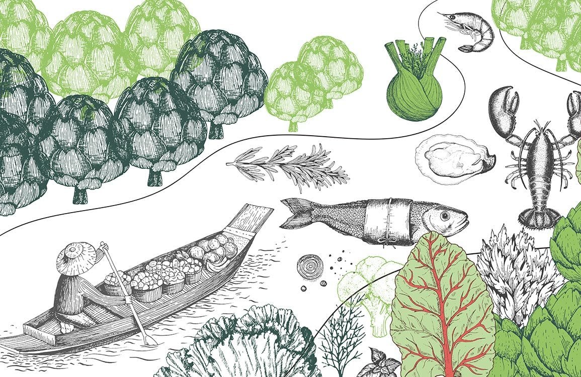 Green Botanical River Journey Mural Wallpaper - Fresh Culinary Illustrations