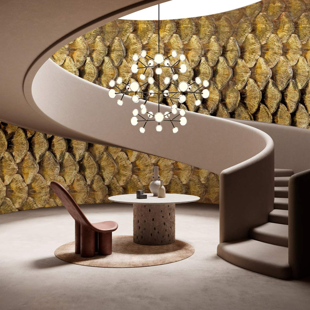 Golden Scales Luxury Wallpaper in stylish room with modern staircase, hanging light fixture, and table.