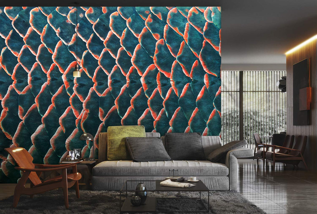 Aquatic Elegance wallpaper in living room with grey sofa, wooden chairs, and dark wood flooring.
