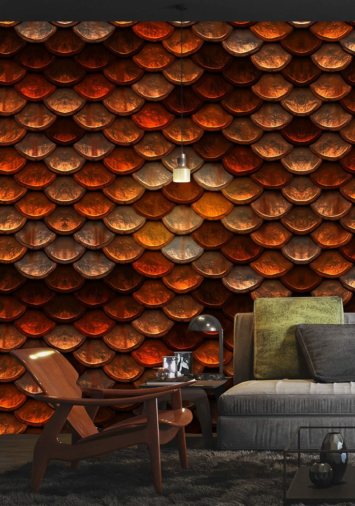 Rustic Copper and Bronze Scales Wallpaper, modern grey sofa, wooden armchair, pendant light in living room.