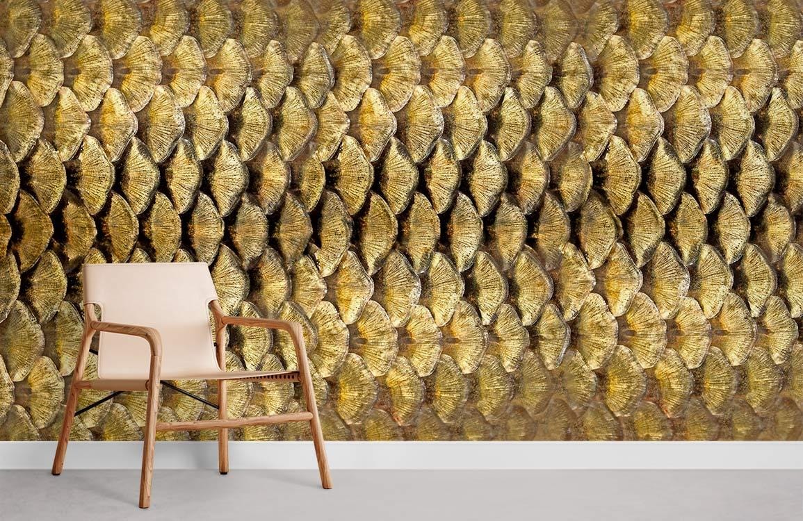 Golden Scales Luxury Wallpaper with modern wooden chair; elegant setting for sophisticated interior decor.