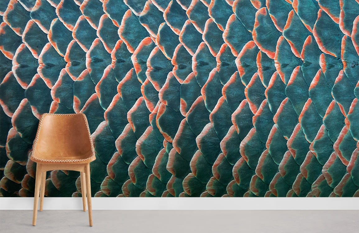 Aquatic Elegance wallpaper with teal-coral fish scale pattern, brown leather chair, light grey flooring.