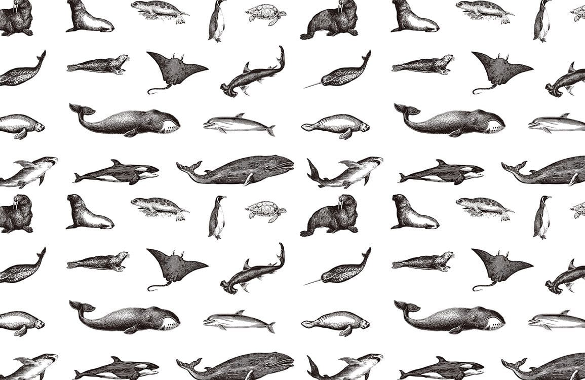 Monochrome Marine Life Patterned Wallpaper - Ocean Creatures Nautical Design