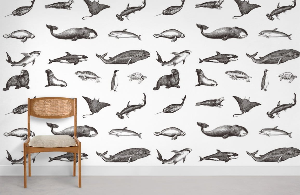 Monochrome marine life wallpaper, nautical design, chair, white wall, light grey flooring, minimalist style.