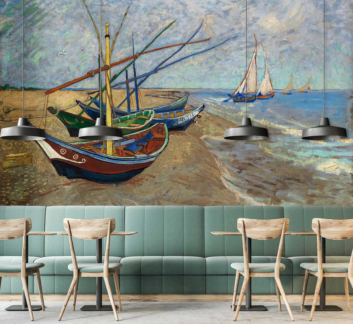 Coastal mural wallpaper with boats, teal sofa, wooden chairs, pendant lighting in modern cafe setting.