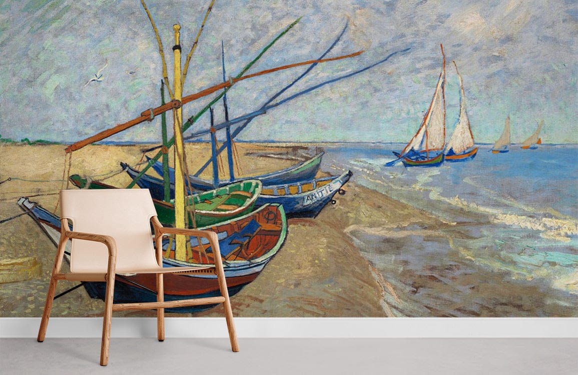Serene Seaside Vintage Mural Wallpaper with Coastal Boats, beige chair, grey flooring in living room.