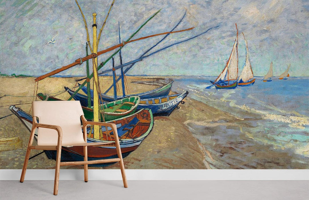 Serene Seaside Vintage Mural Wallpaper with Coastal Boats, beige chair, grey flooring in living room.