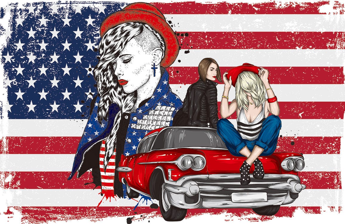 Retro American Pop Art Mural Wallpaper with Bold Colours and Vintage Car