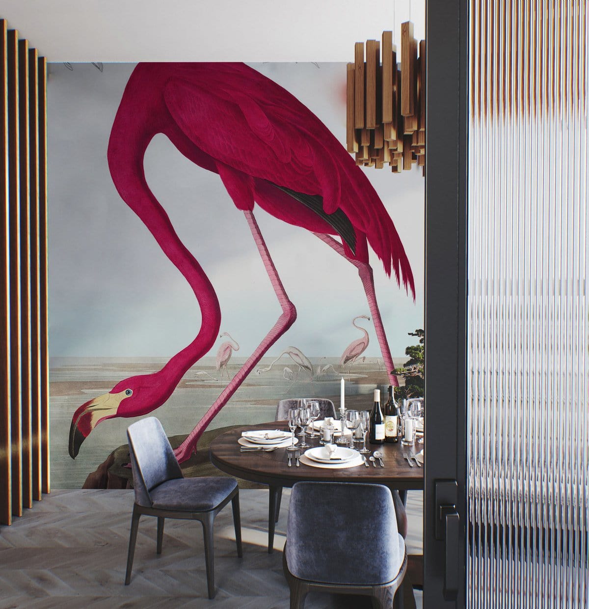 Dining room with pink flamingo mural wallpaper, elegant wooden table, grey velvet chairs, modern lighting.