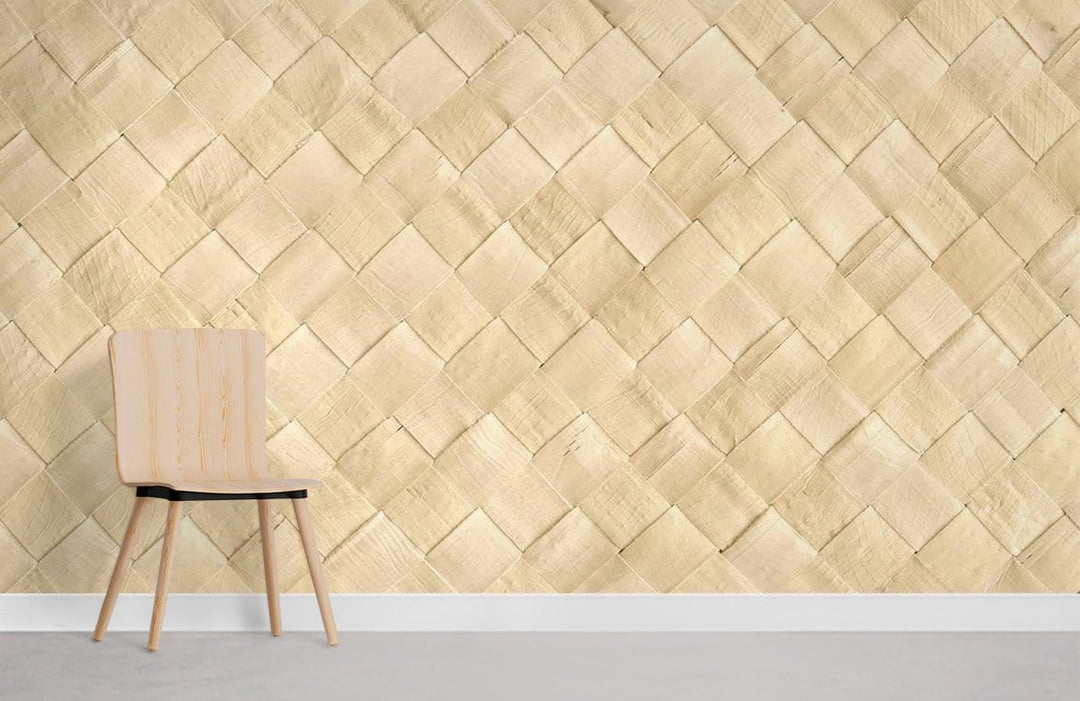 Beige woven basket wallpaper with natural texture, wooden chair, grey floor; rustic home ambiance.