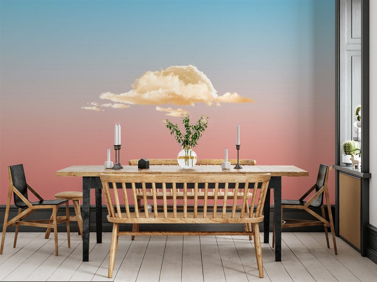 Dining room with Dreamy Sunset Cloudscape Mural Wallpaper, wooden table, black chairs, white flooring.
